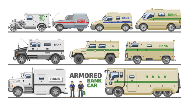 Armored vehicle vector bank van transport car illustration armor transportation set of truck with money security people in bulletproof character isolated on white background