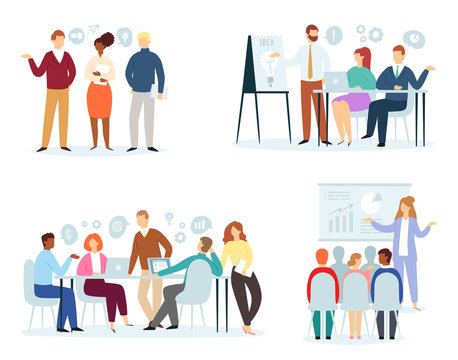 Business people vector team professional men women characters work in office and businessmen working in teamwork together or meeting with workers isolated on white background illustration