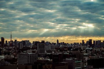 Skyscraper in Tokyo with Ray of the light, Sunbeam, Silver lining.
