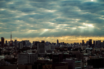 Obraz premium Skyscraper in Tokyo with Ray of the light, Sunbeam, Silver lining.