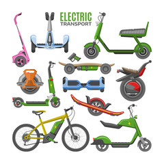 Electric transport vector hoverboard scooter electro-bike segway gyroscooter illustration set of electrical monowheel cycle eco balanceboard isolated on white background © partyvector