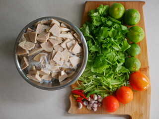 Ingredients for cooking spicy glass noodle and Vietnamese pork sausage salad, Yam Woon Sen Moo Yaw