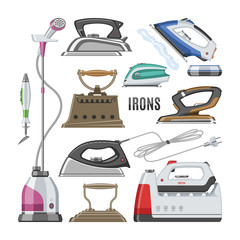 Iron vector ironing electric household appliance steamer of laundry housework illustration irony housekeeping set of hot irony steam equipment isolated on white background