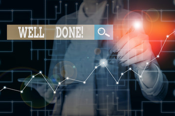 Writing note showing Well Done. Business concept for used praising demonstrating or group for something have done good way Woman wear formal work suit present using smart latest device