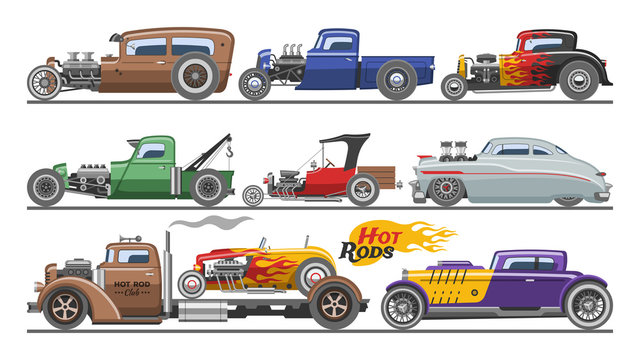 Hot rods car vector vintage classic vehicle and retro auto transport roadster illustration set of hot-rods automobile with fire isolated on white background