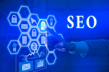 Writing note showing Seo. Business concept for incredibly effective way to market your near...