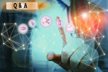 Writing note showing Q And A Question. Business concept for in which demonstrating asks questions and another one answers them Picture photo system network scheme modern smart device