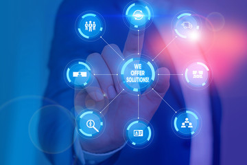 Writing note showing We Offer Solutions. Business concept for way to solve problem or deal with difficult situation Picture photo system network scheme modern smart device