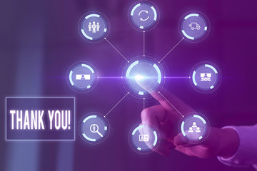 Word writing text Thank You. Business photo showcasing polite expression used when acknowledging gift service compliment Picture photo system network scheme modern technology smart device