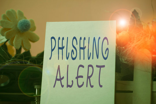 Handwriting text Phishing Alert. Conceptual photo aware to fraudulent attempt to obtain sensitive information Flowers and writing equipments plus plain sheet above textured backdrop