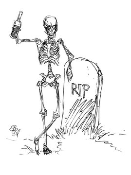 Skeleton line drawing with bottle leaning on tombstone