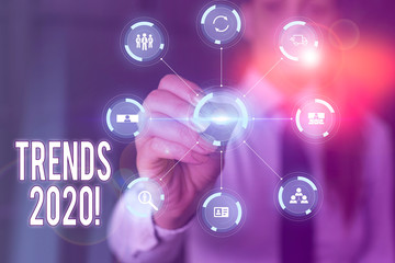 Conceptual hand writing showing Trends 2020. Concept meaning general direction in which something is developing or changing Picture photo network scheme with modern smart device