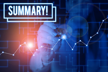 Word writing text Summary. Business photo showcasing brief statement or account of main points of something subject Woman wear formal work suit present presentation using smart latest device