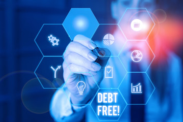 Word writing text Debt Free. Business photo showcasing does not owning any money to any individual or companies Woman wear formal work suit present presentation using smart latest device