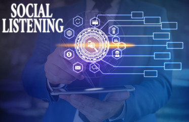 Text sign showing Social Listening. Business photo text analyzing the conversations and trends of your product Picture photo system network scheme modern technology smart device