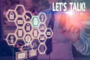 Writing note showing Let S Talk. Business concept for they are suggesting beginning conversation on...