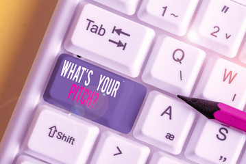 Word writing text What S Is Your Pitch question. Business photo showcasing asking about property of sound or music tone White pc keyboard with empty note paper above white background key copy space