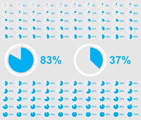 Pie chart full set, circle percentage diagram collection, loading circle icon, isolated on gray background, vector illustration.