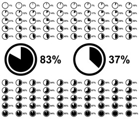 Pie chart full set, circle percentage diagram collection, loading circle icon, black isolated on white background, vector illustration.