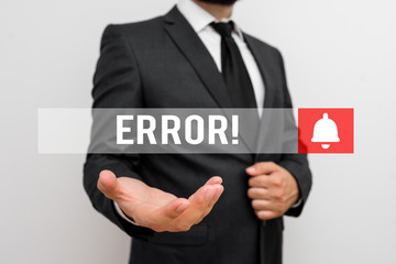 Word writing text Error. Business photo showcasing state or condition of being wrong in conduct...