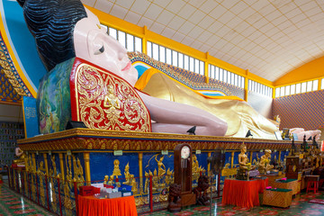 The large Reclining Buddha of Wat Chayamangkalaram a Thai Buddhist temple in George Town, Penang,...