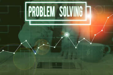 Writing note showing Problem Solving. Business concept for process of finding solutions to difficult or complex issues Woman wear formal work suit present using smart latest device