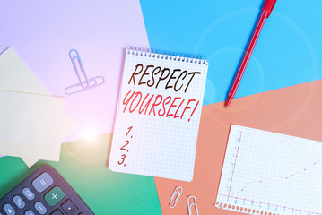 Writing note showing Respect Yourself. Business concept for believing that you good and worthy being treated well Office appliance square desk study supplies paper sticker