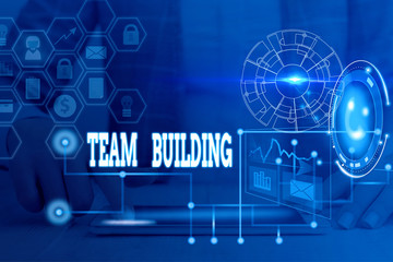 Writing note showing Team Building. Business concept for various types of activities used to enhance social relations Picture photo network scheme with modern smart device