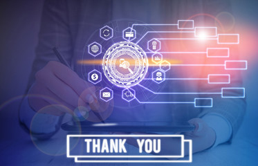 Text sign showing Thank You. Business photo text a polite expression used when acknowledging a gift or service Picture photo system network scheme modern technology smart device