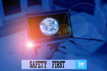 Text sign showing Safety First. Business photo text used to say that the most important thing is to be safe Picture photo system network scheme modern technology smart device and Elements of this