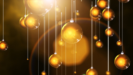 3D rendering Hanging christmas gold balls background and golden light and flare.
