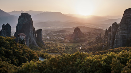 landscape image of Meteora Greece at sunset
