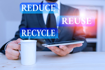 Writing note showing Reduce Reuse Recycle. Business concept for environmentallyresponsible consumer behavior Male human wear formal clothes present use hitech smartphone