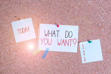 Conceptual hand writing showing What Do You Want Question. Concept meaning say or write in order to ask demonstrating about something Corkboard size paper thumbtack sheet billboard notice board