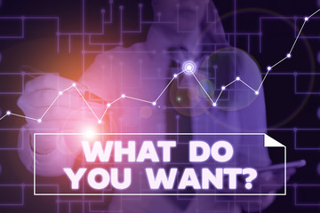 Text sign showing What Do You Want Question. Business photo showcasing say or write in order to ask demonstrating about something Woman wear formal work suit present presentation using smart latest