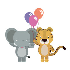 Obraz na płótnie Canvas cute little elephant and tiger with balloons helium