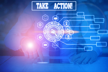 Obraz premium Writing note showing Take Action. Business concept for do something official or concerted to achieve aim with problem Woman wear formal work suit present using smart latest device