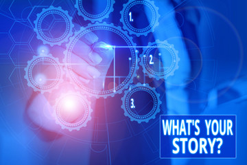 Conceptual hand writing showing What S Your Story Question. Concept meaning asking demonstrating about his past life actions career or events Picture photo network scheme with modern smart device