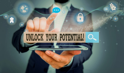 Word writing text Unlock Your Potential. Business photo showcasing release possibilities Education and good training is key Picture photo system network scheme modern technology smart device