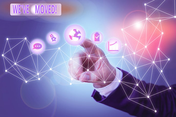 Word writing text We Ve Moved. Business photo showcasing having strong feelings sadness or sympathy has said or done Picture photo system network scheme modern technology smart device