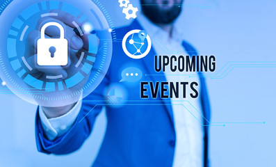 Handwriting text writing Upcoming Events. Conceptual photo the approaching planned public or social occasions Male human wear formal work suit presenting presentation using smart device