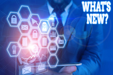 Writing note showing What S New Question. Business concept for when you ask someone about his current live events actions Picture photo network scheme with modern smart device
