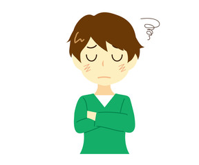 腕組みをして悩む男性