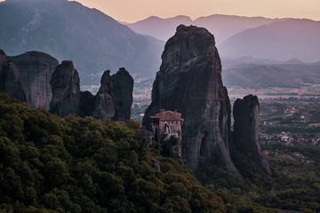 landscape image of Meteora Greece at sunset