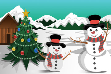 Christmas illustrations,pictures of wooden houses in the countryside,covered with snow-capped mountains and tons of pine lights lit up with snowman in front of the house,poster for important day scene
