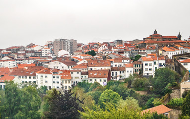 Fototapeta na wymiar Panoramic view of Santiago de Compostelo, Galicia, Spain, from Parque de Belvis in rainy day
