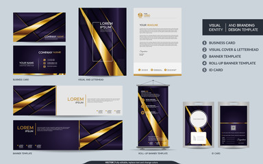 Luxury purple stationery mock up set and visual brand identity with abstract overlap layers background.