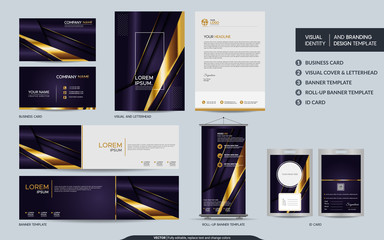 Luxury purple stationery mock up set and visual brand identity with abstract overlap layers background.