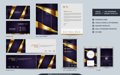 Luxury purple stationery mock up set and visual brand identity with abstract overlap layers background.