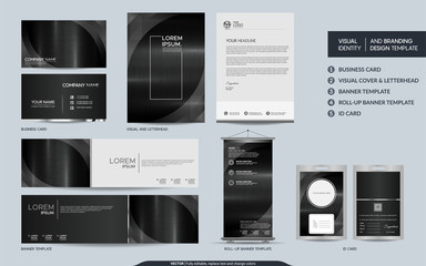 Fototapeta na wymiar Modern dark metal stationery mock up set and visual brand identity with abstract overlap layers background.